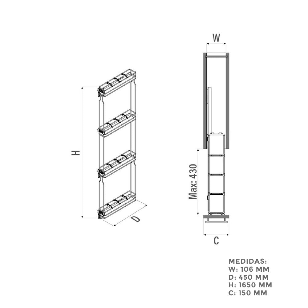 Alacena extraíble cromado X4 divisiones